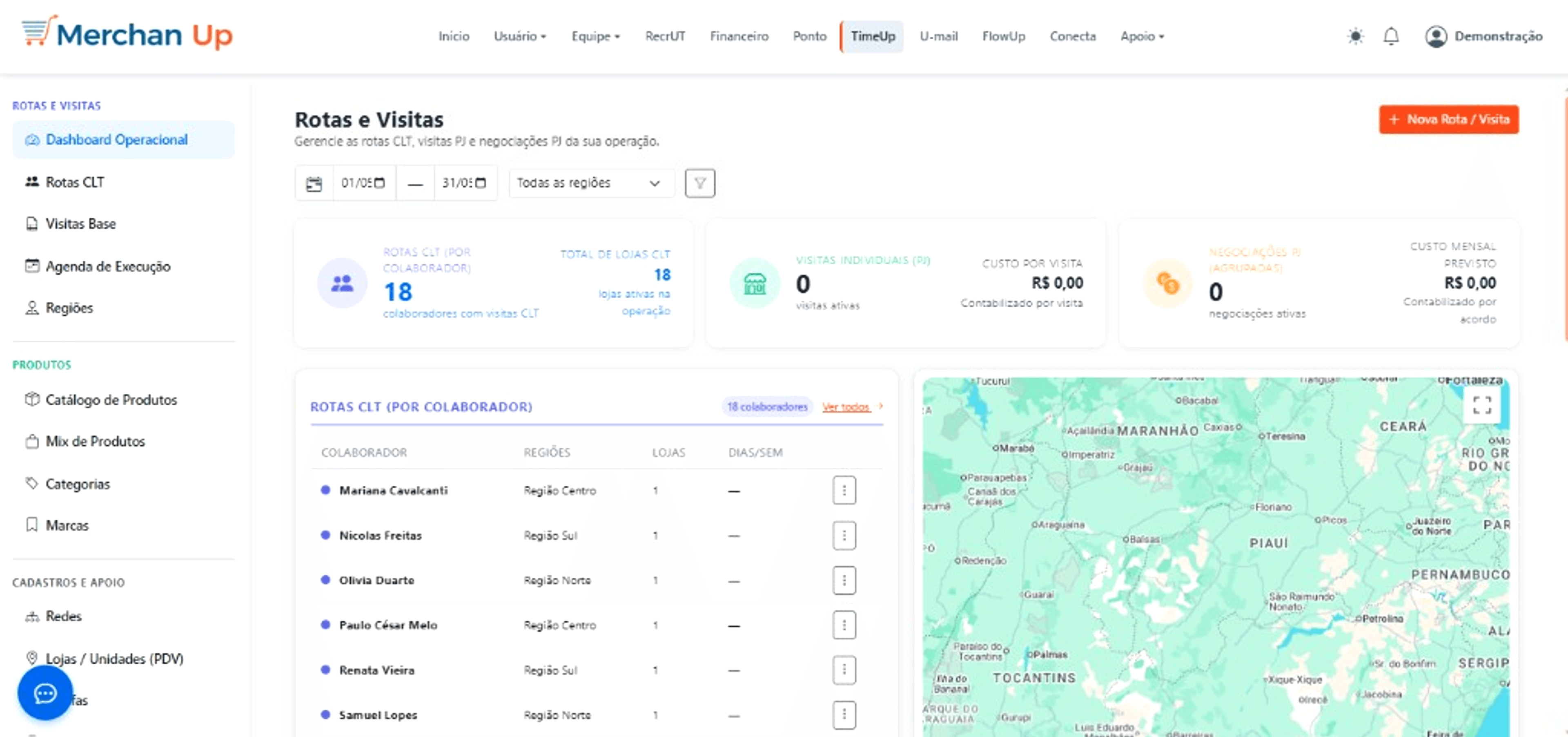 Módulo Time UP — rotas CLT, visitas PJ e mapa de cobertura
