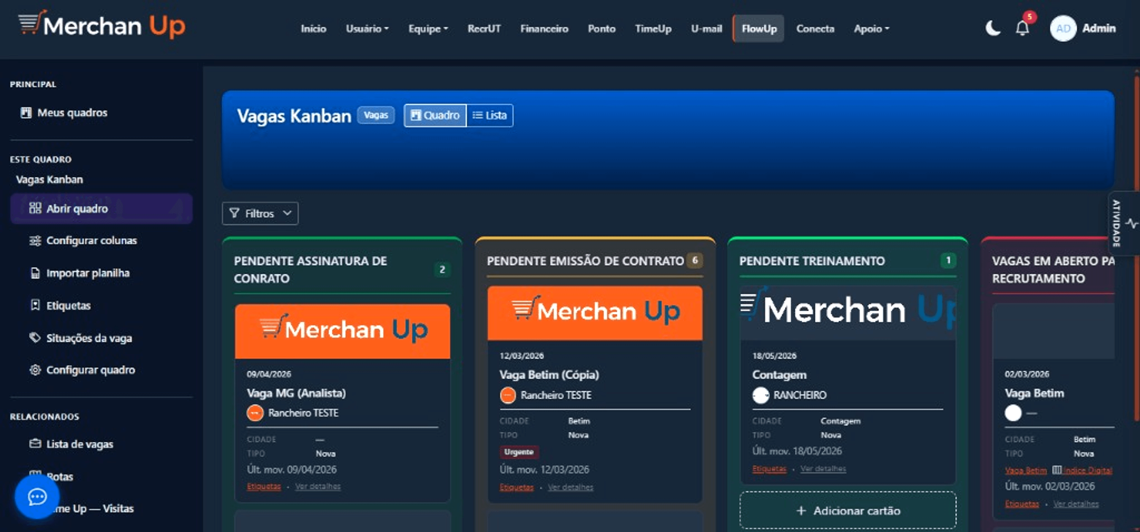 Quadro Kanban de vagas no FlowUp