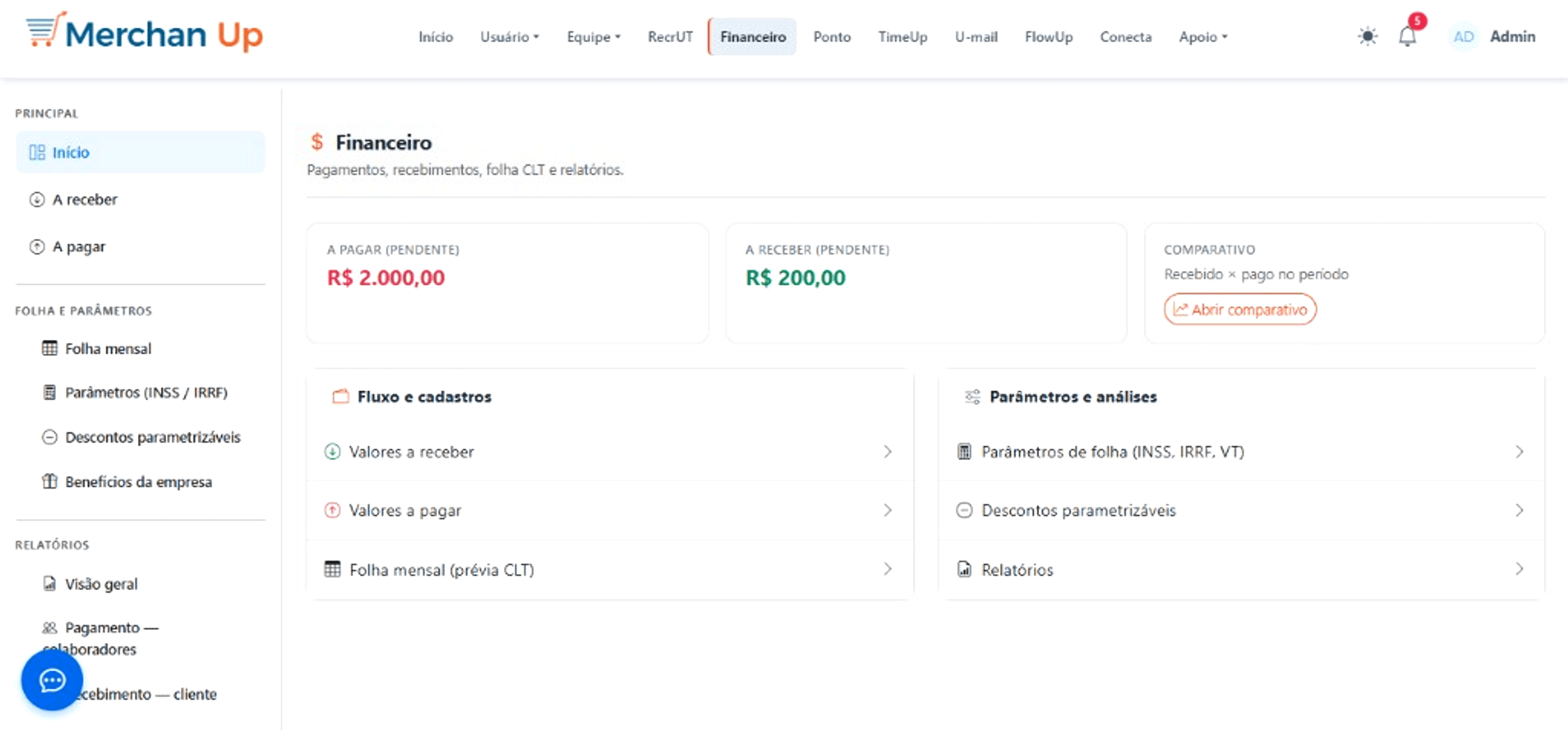 Módulo financeiro com contas a pagar, a receber e relatórios