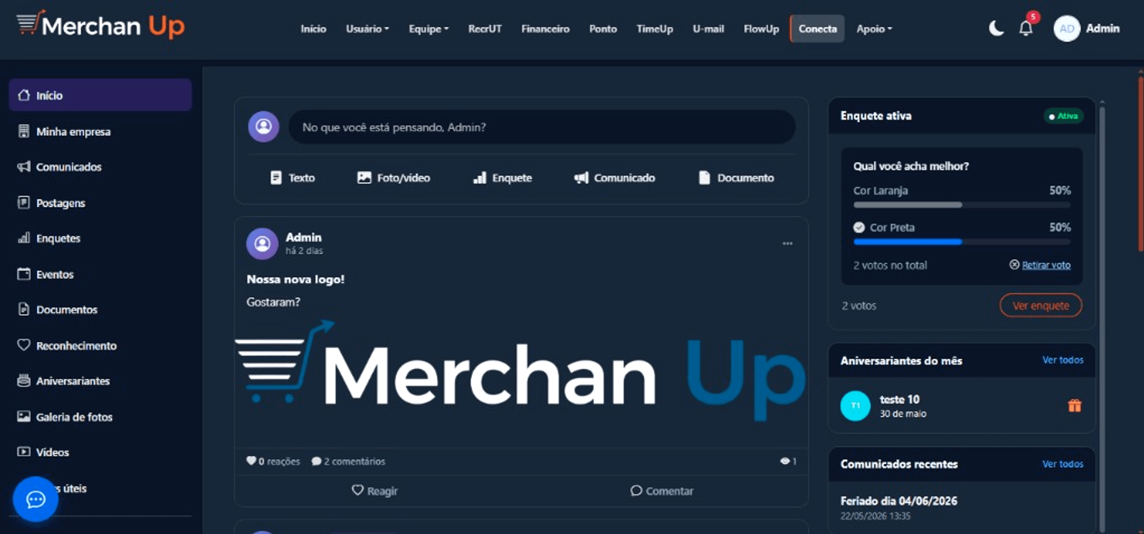 Conecta — feed interno com comunicados, enquetes e engajamento