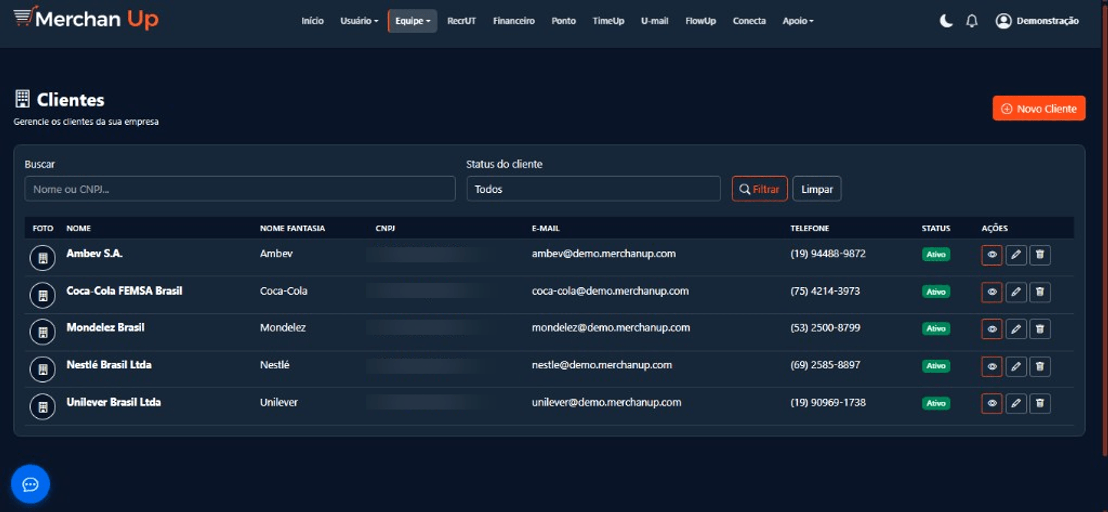Cadastro de indústrias e clientes com status e contatos